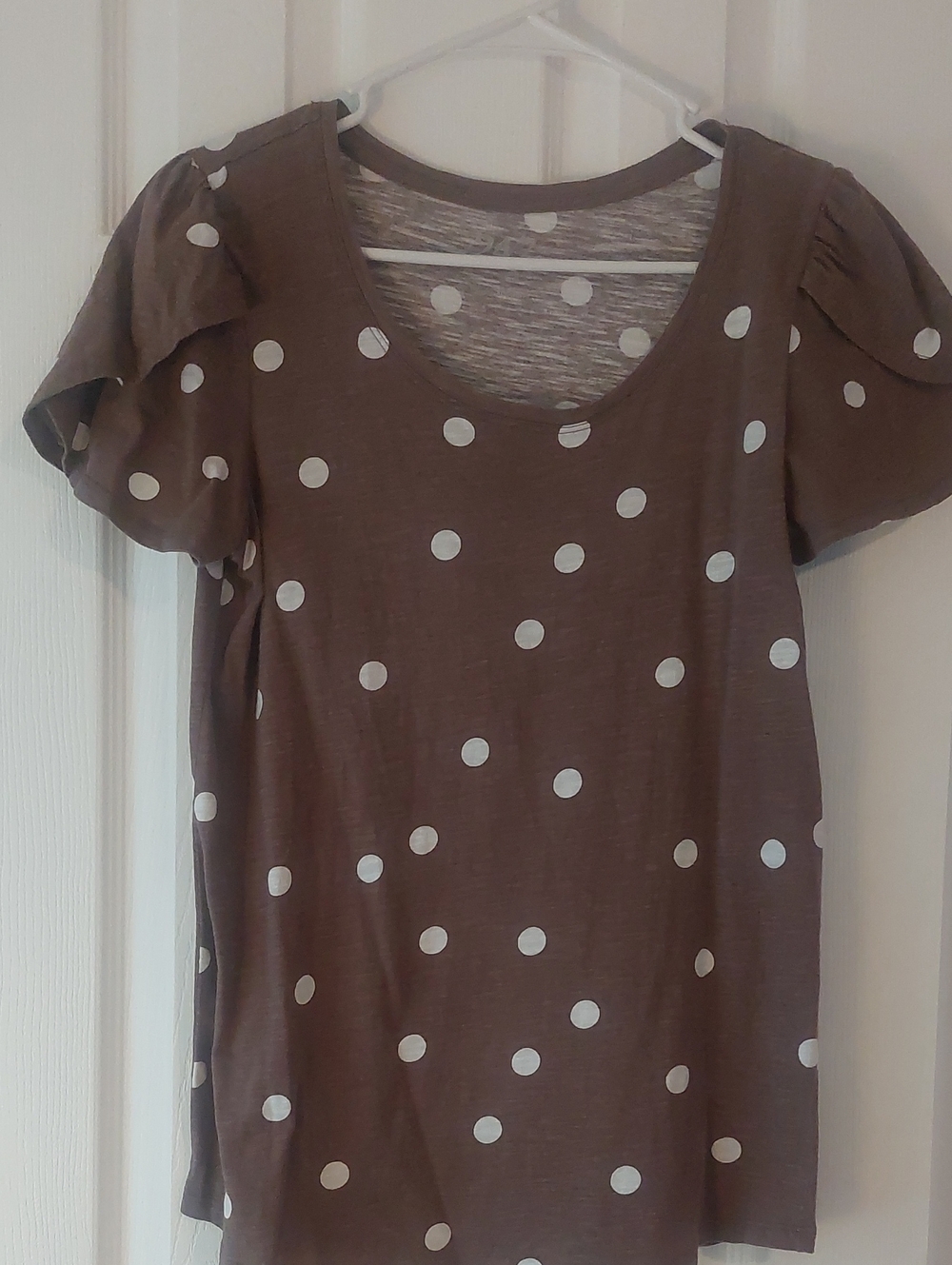 Women's Brown Polka Dot Short Puff Sleeve Top